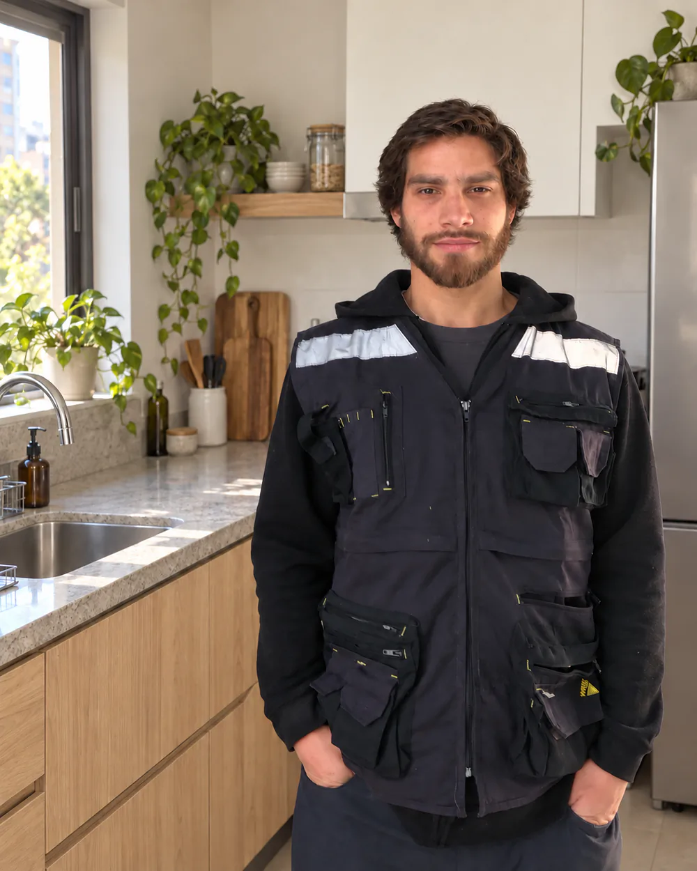 Enrique, gásfiter, con su chaleco de trabajo en una cocina.